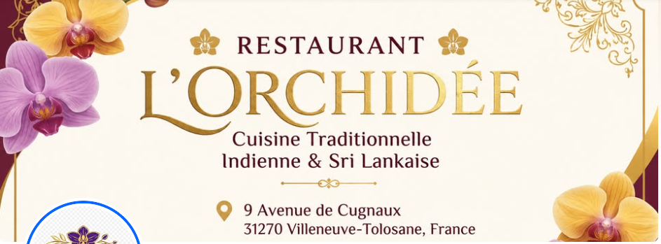 Identité de L’Orchidée : orchidées mauves et jaunes, lettres dorées sur fond ivoire