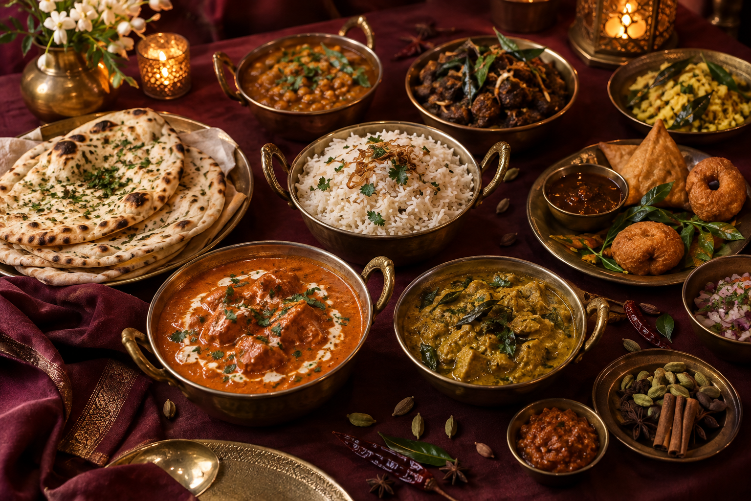Composition d’ambiance de cuisine indienne, dans une lumière chaleureuse